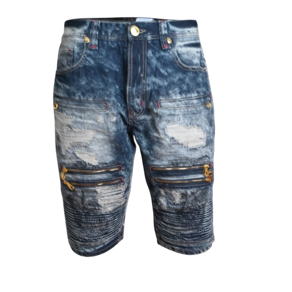 Blue Distressed Jean Shorts with Cut-Off Hem